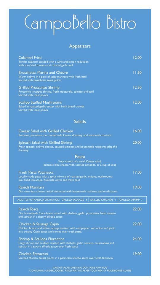 Menu at Campobello Bistro restaurant, Anchorage