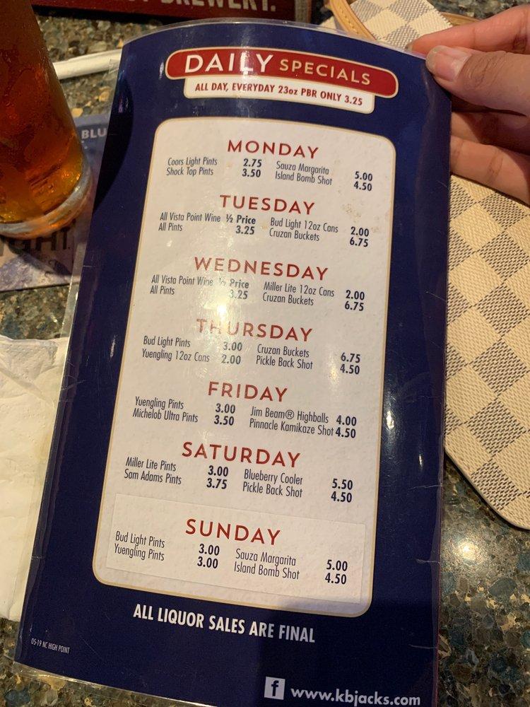 Menu at Kickback Jack's High Point pub & bar, High Point