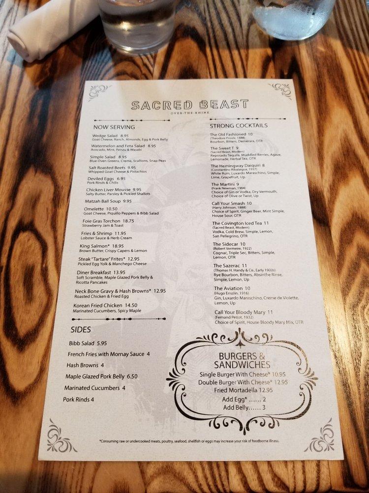 Menu at Sacred Beast Diner OTR pub & bar, Cincinnati