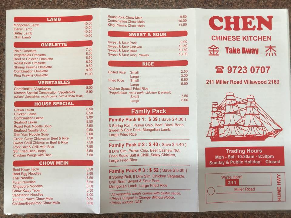Menu at Chen Chinese Kitchen Takeaway fast food, Villawood