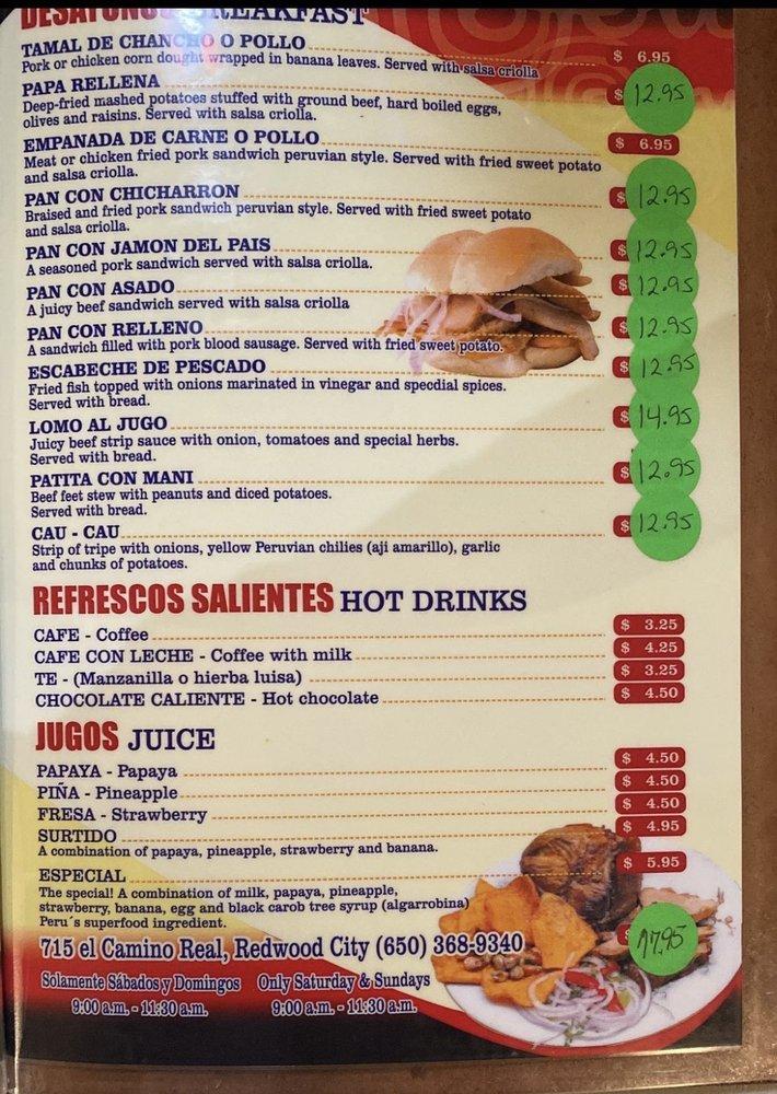 Carta de Estampas Peruanas Restaurant, Redwood City
