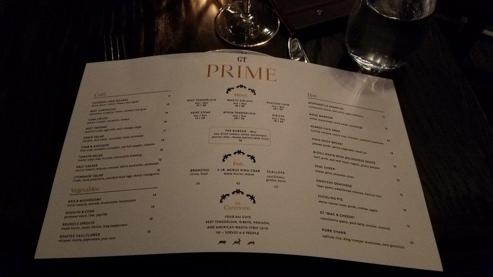 Menu at GT Prime Steakhouse, Chicago, 707 N Wells St