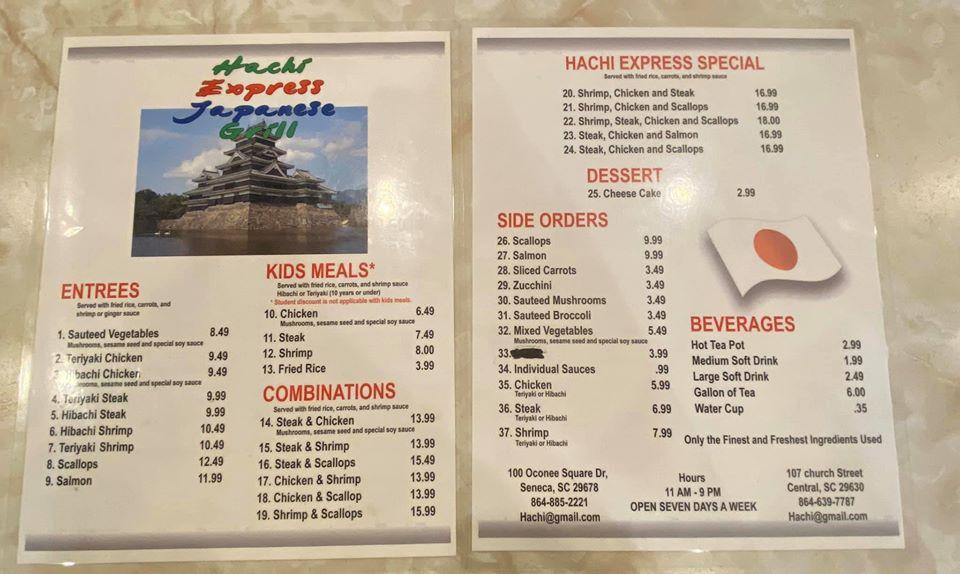 Menu at Hachi Express Japanese Grille ( Central Sc) restaurant, Central