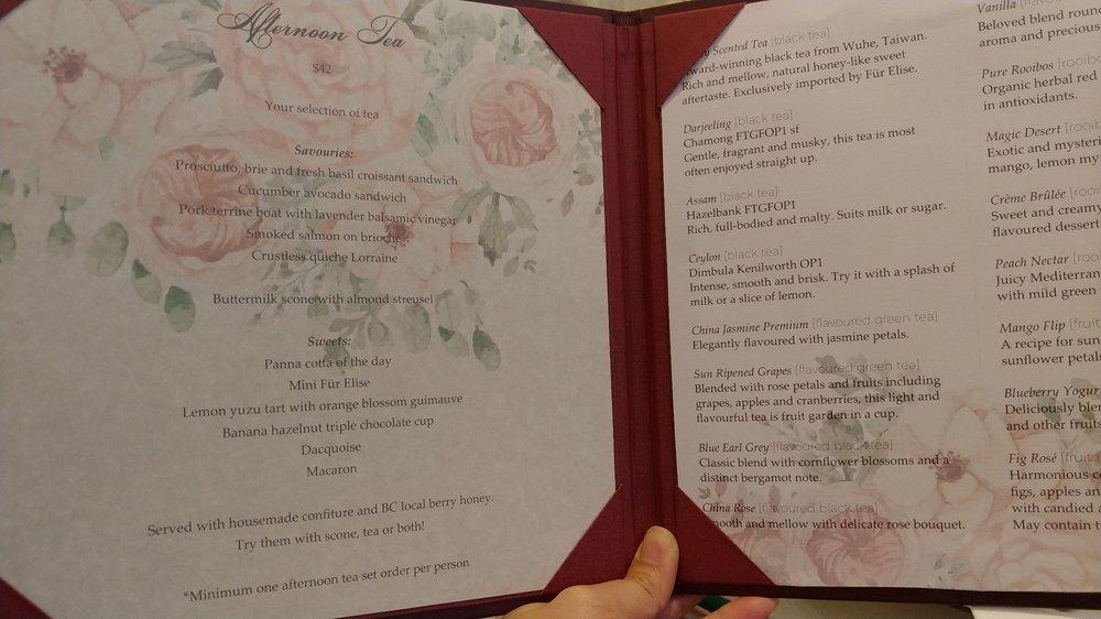 Menu at Patisserie Fur Elise desserts, Vancouver, 847 Hamilton St
