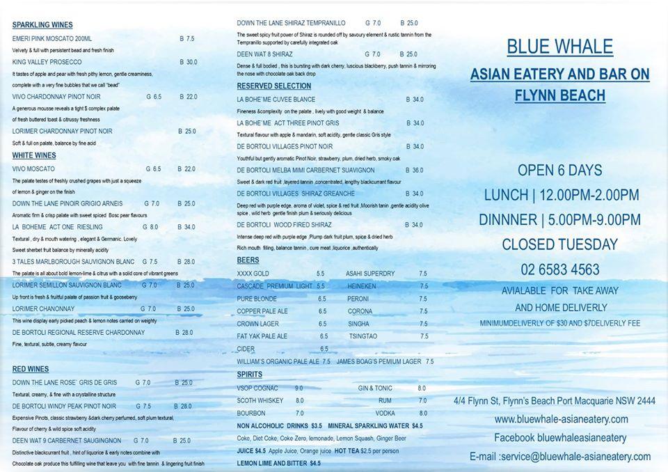 Menu at Blue Whale Asian Eatery restaurant, Port Macquarie