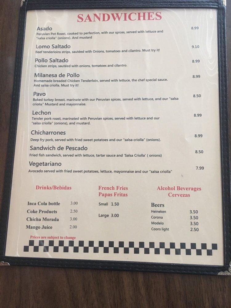 Menu at Don Juan V's Peruvian Sandwiches restaurant, Indianapolis