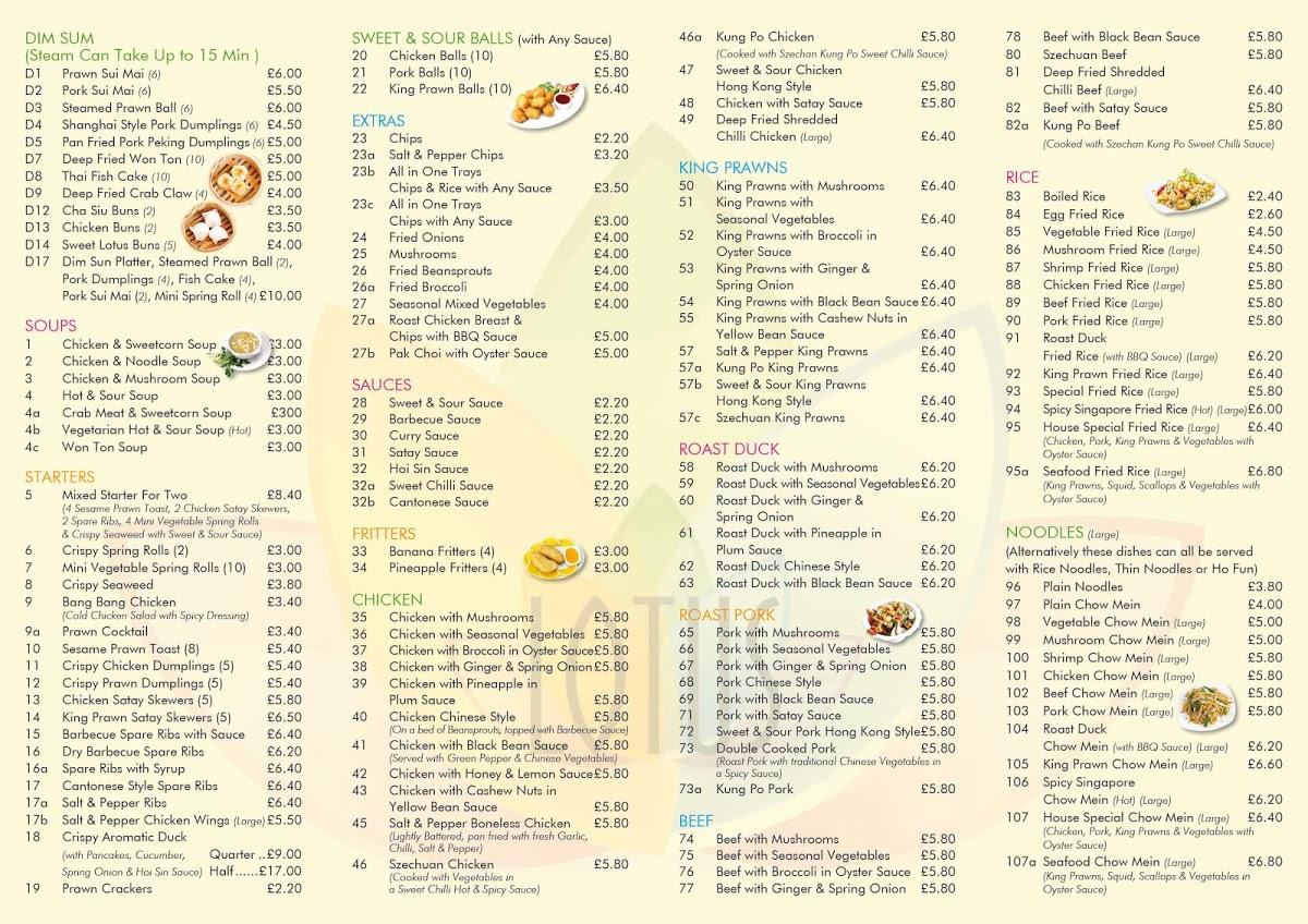 Menu at Lotus restaurant, Tewkesbury