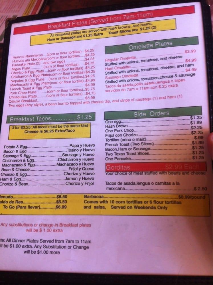 Menu at Fiesta Mexicana restaurant, Lufkin