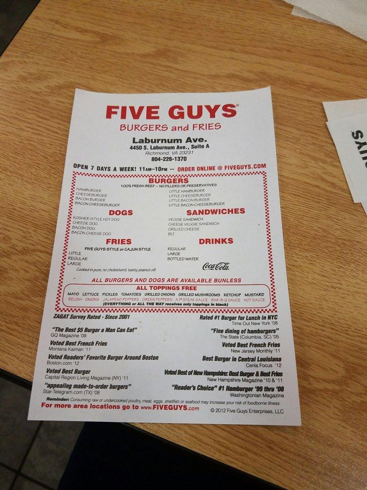 Menu at Five Guys restaurant, Richmond, S Laburnum Ave Suite A