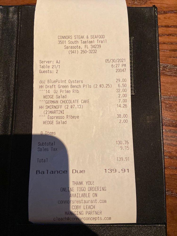 Menu at Connors Steak & Seafood steakhouse, Sarasota