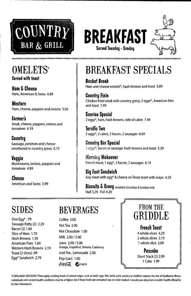 Menu at Country Bar & Grill, Plattsmouth, Gladys Dr