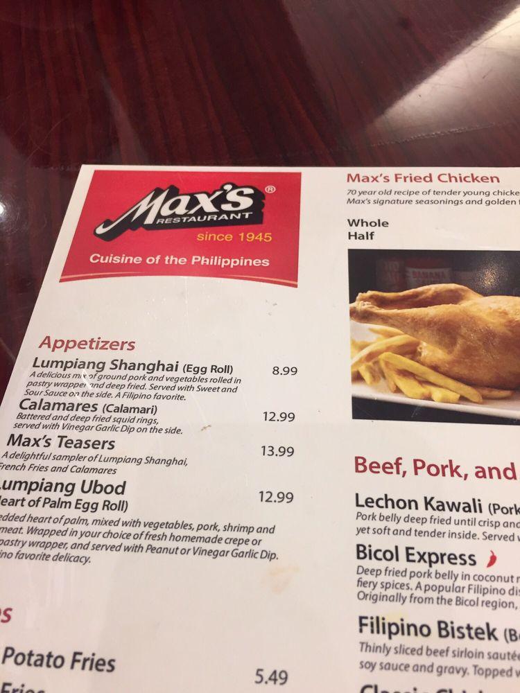 Menu at Max's Restaurant, Cuisine of the Philippines, Vaughan, Vaughan
