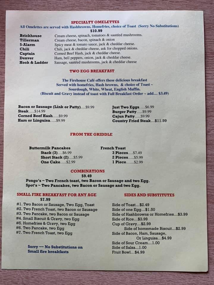 Menu At Firehouse Café Restaurant, Diamond Springs