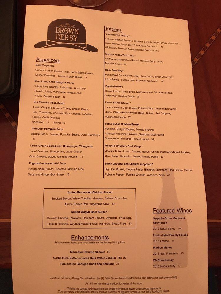 Menu at The Hollywood Brown Derby pub & bar, Orlando, 351 S Studio Dr