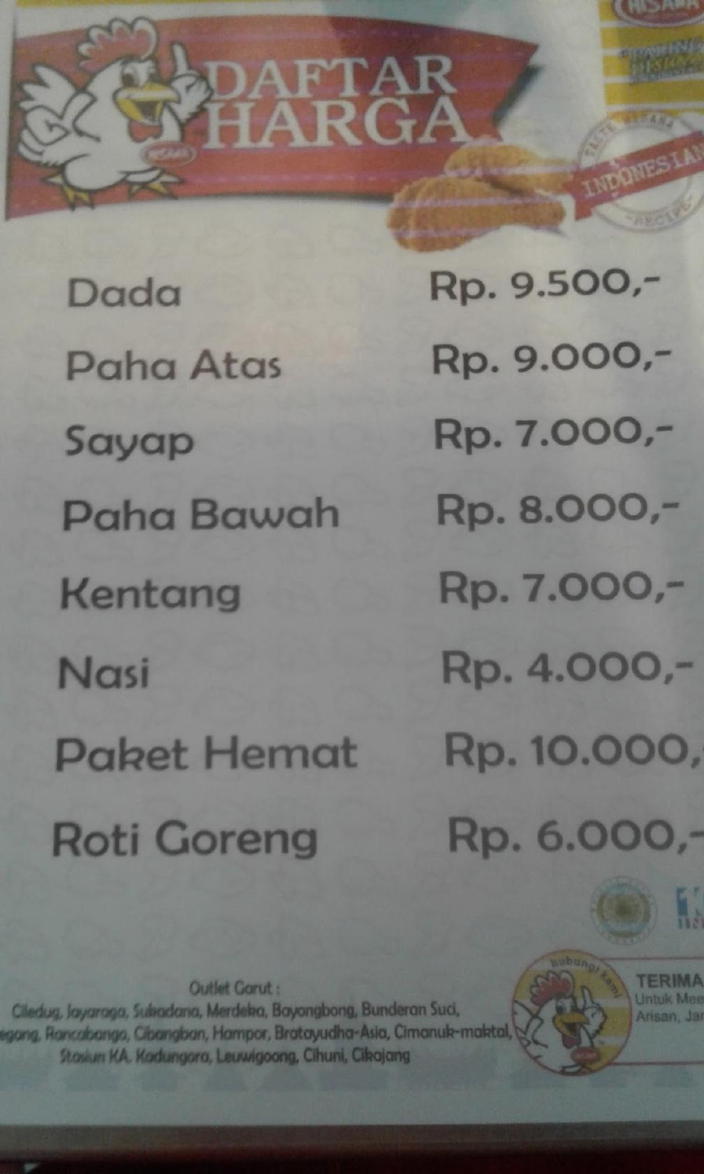 Menu at Hisana Fried Chicken restaurant, Tasikmalaya, Jl. Rumah Sakit