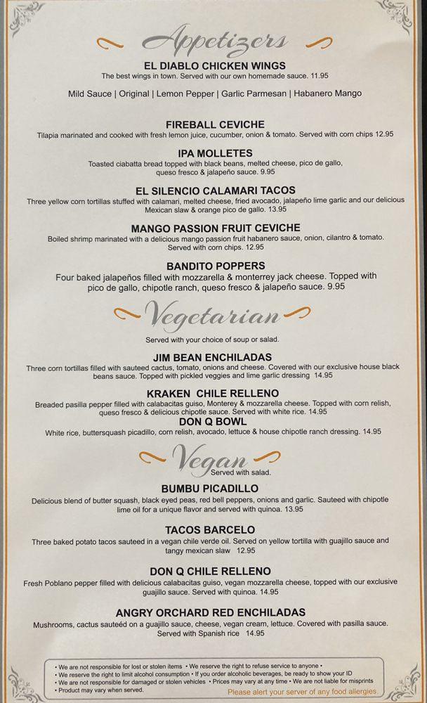 Menu at Don Q's steakhouse, Atascadero