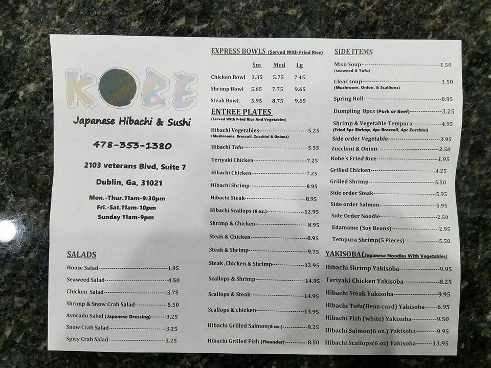 Menu At Kobe Hibachi And Sushi Dublin Restaurant Dublin