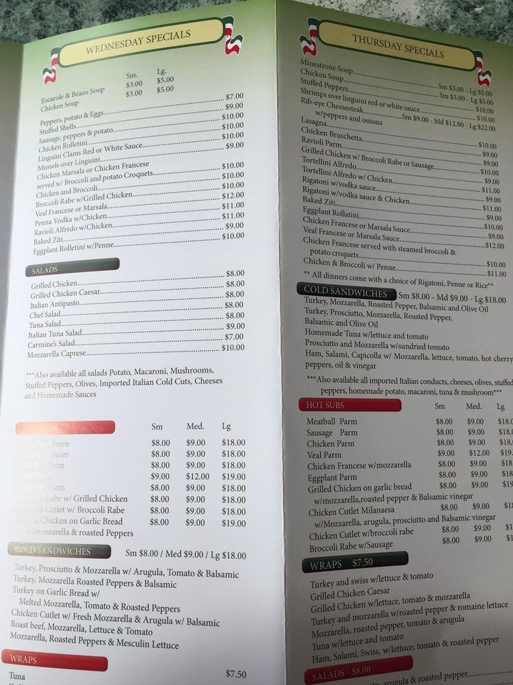 Menu at Carmine's Italian Deli restaurant, Jersey City