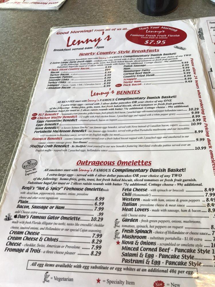 Menu at Lenny’s Restaurant, Clearwater