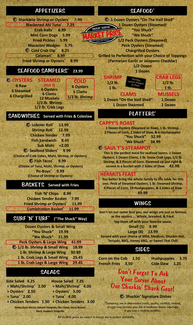 Menu at Shuckin' Shack Oyster Bar, Surf City