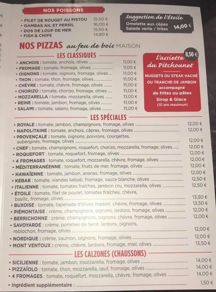 Menu au Brasserie de l'Etoile restaurant, BuislesBaronnies