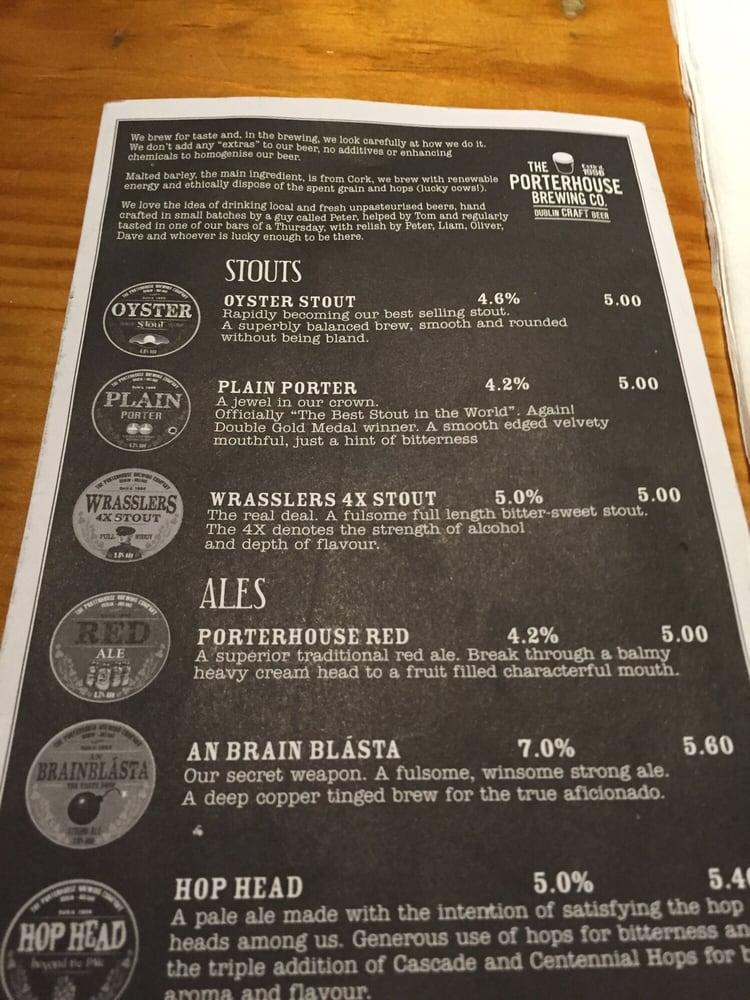 Menu at Porterhouse Temple Bar, Dublin, 1618 Parliament St