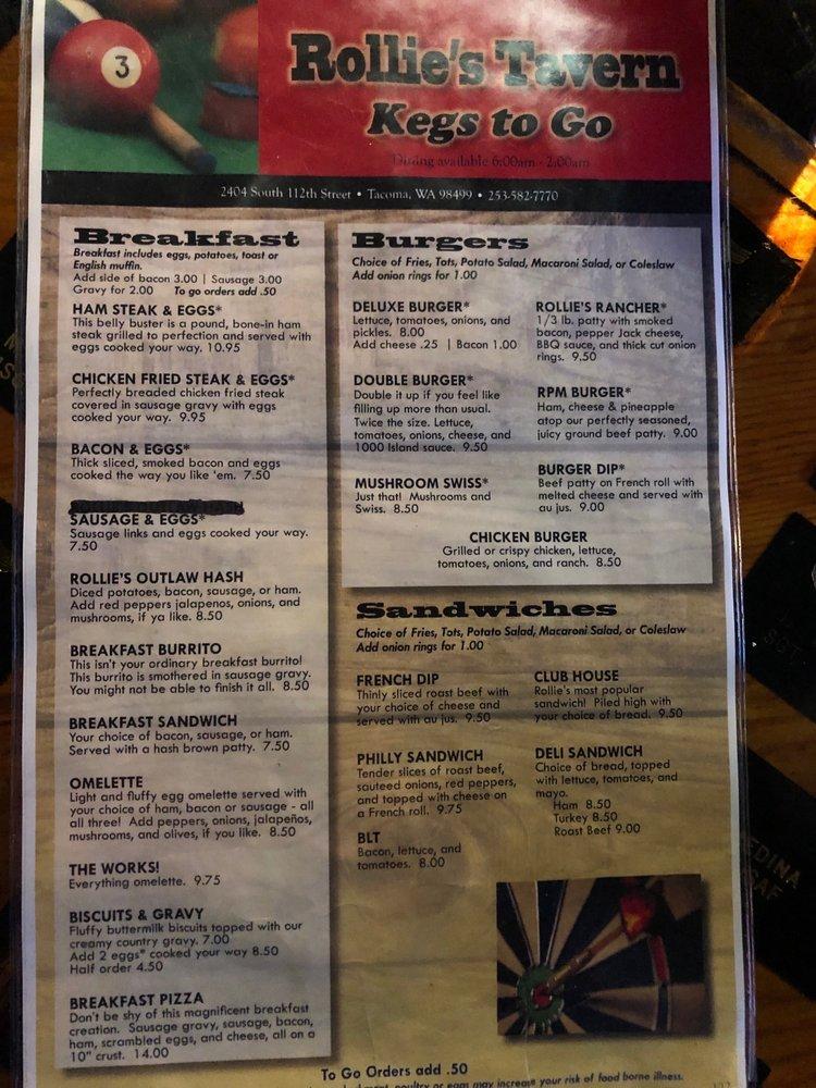 Menu at Rollie’s Tavern pub & bar, Lakewood