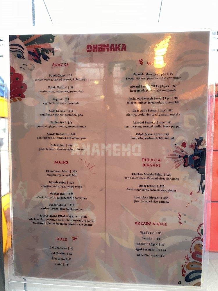 Menu at Dhamaka restaurant, New York City