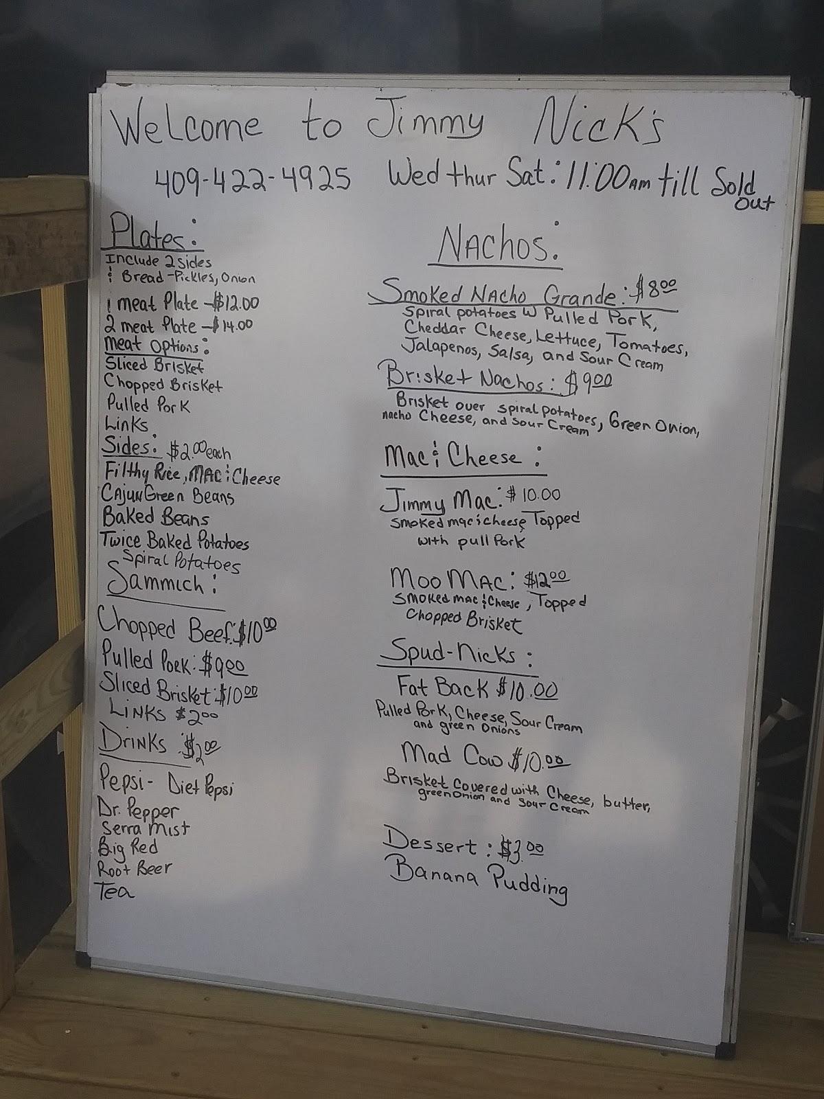 Menu at Jimmy Nick's BBQ, Vidor