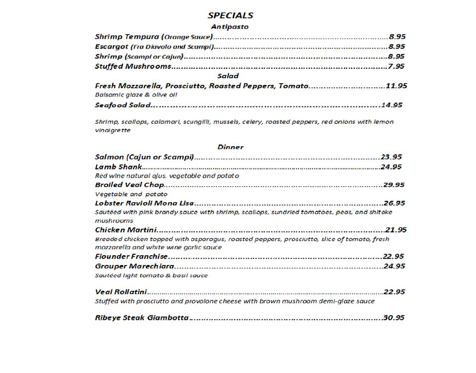 Menu at Bella Vista Ristorante restaurant, West Milford