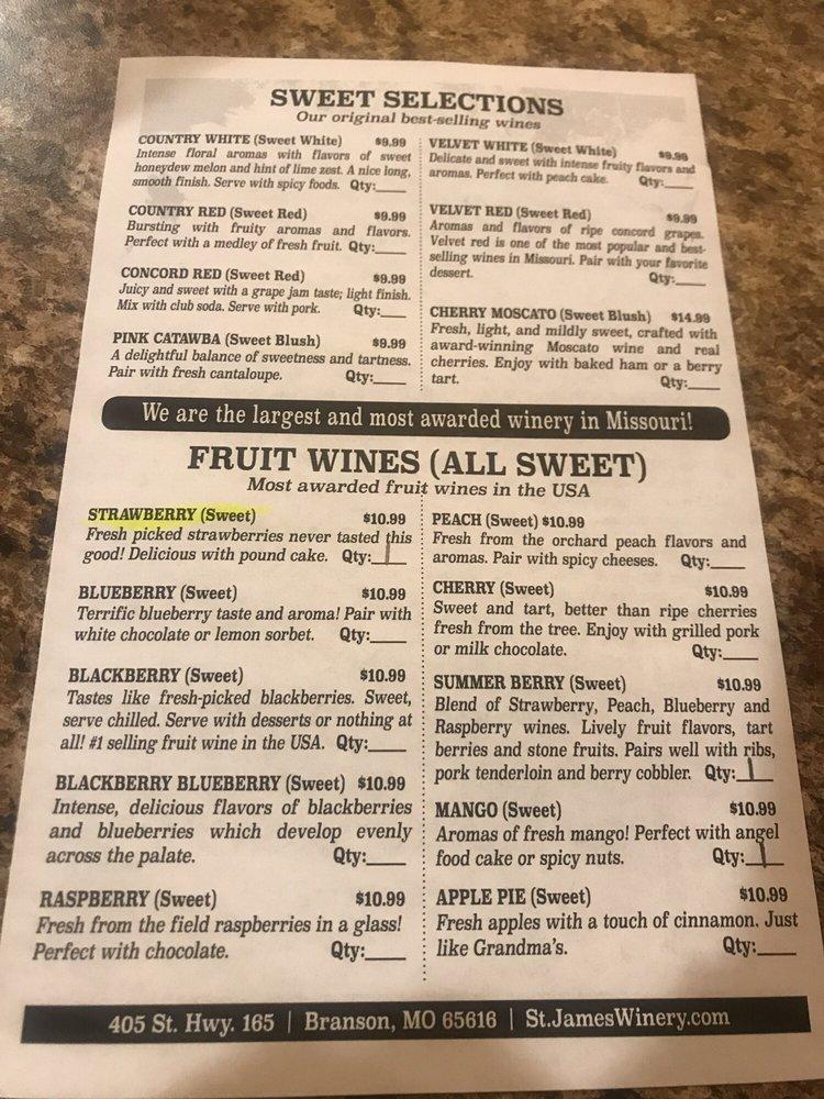 Menu at St. James Winery Branson pub & bar, Branson