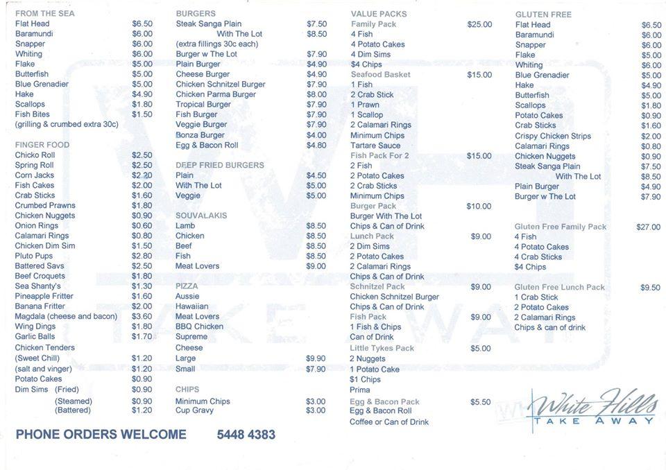 Menu at White Hills Fish Shop fast food, White Hills