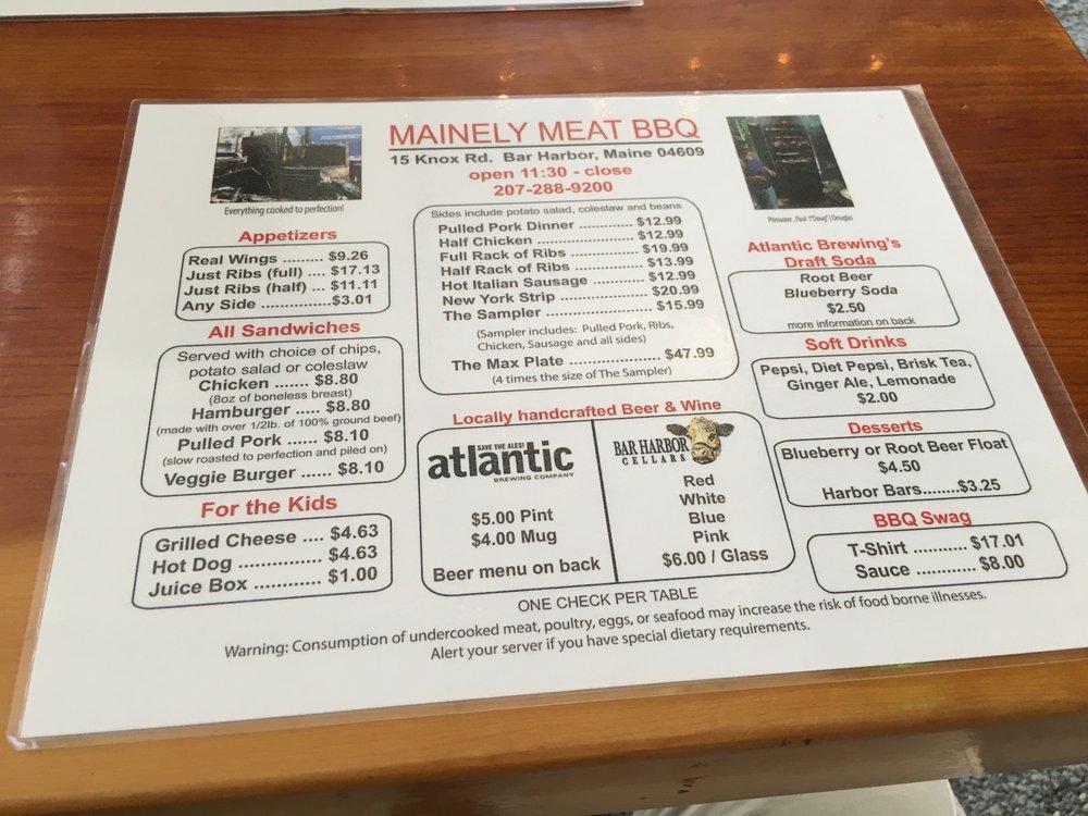 Menu at Mainely Meat Barbeque At Atlantic Brewing Company, Bar Harbor, 15 Knox Rd