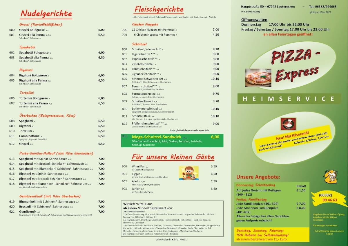 Speisekarte von PizzaExpress, Lauterecken