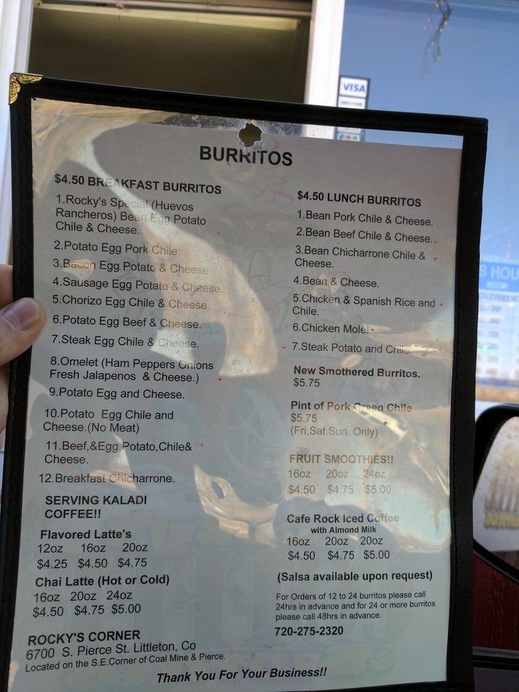 Menu at Rocky's Corner Cafe and Burritos, Littleton