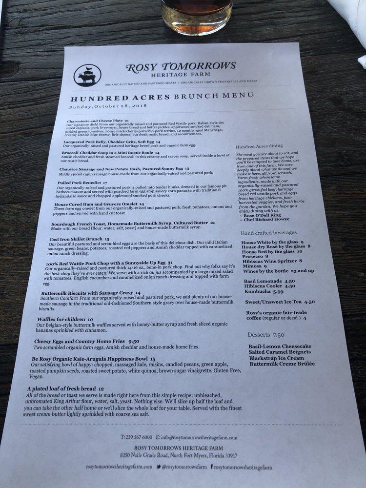 Menu at Rosy Tomorrows Heritage Farm restaurant, North Fort Myers