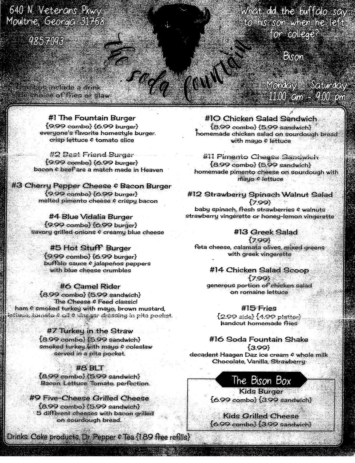 Menu at The Soda Fountain restaurant, Moultrie