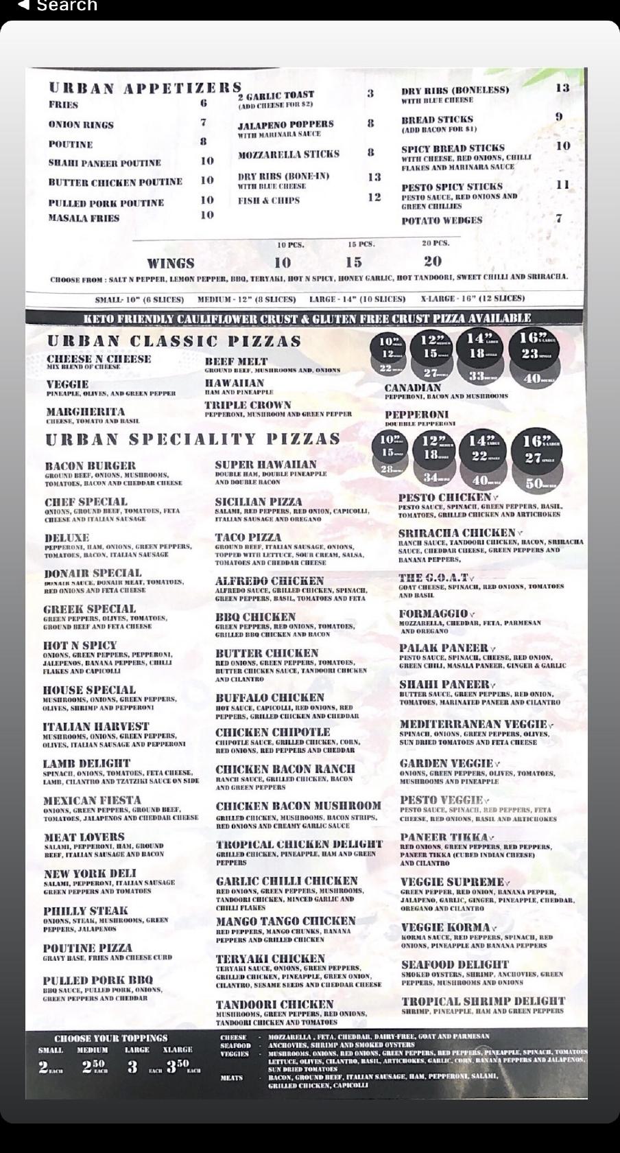 Menu at Urban Pizza and Pasta restaurant, Langley Township