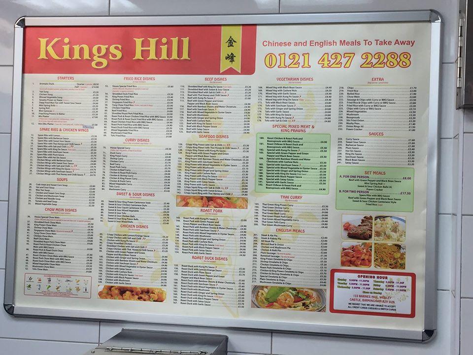 Menu at Kings Hill Chinese Takeaway restaurant, Birmingham, 133 Barnes Hill