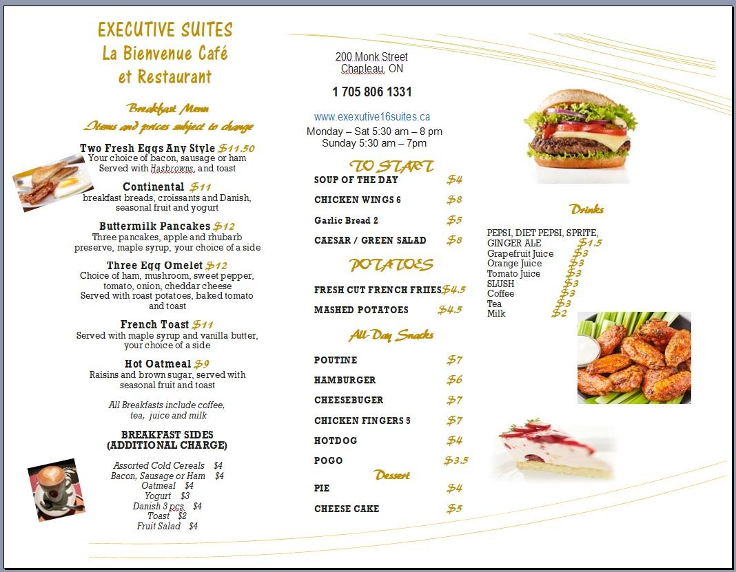 Menu at La Bienvenue Restaurant and Pub, Chapleau