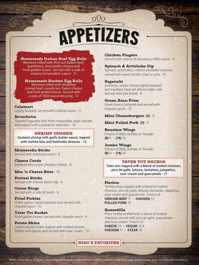 Menu at Niko's Tavern pub & bar, Pingree Grove