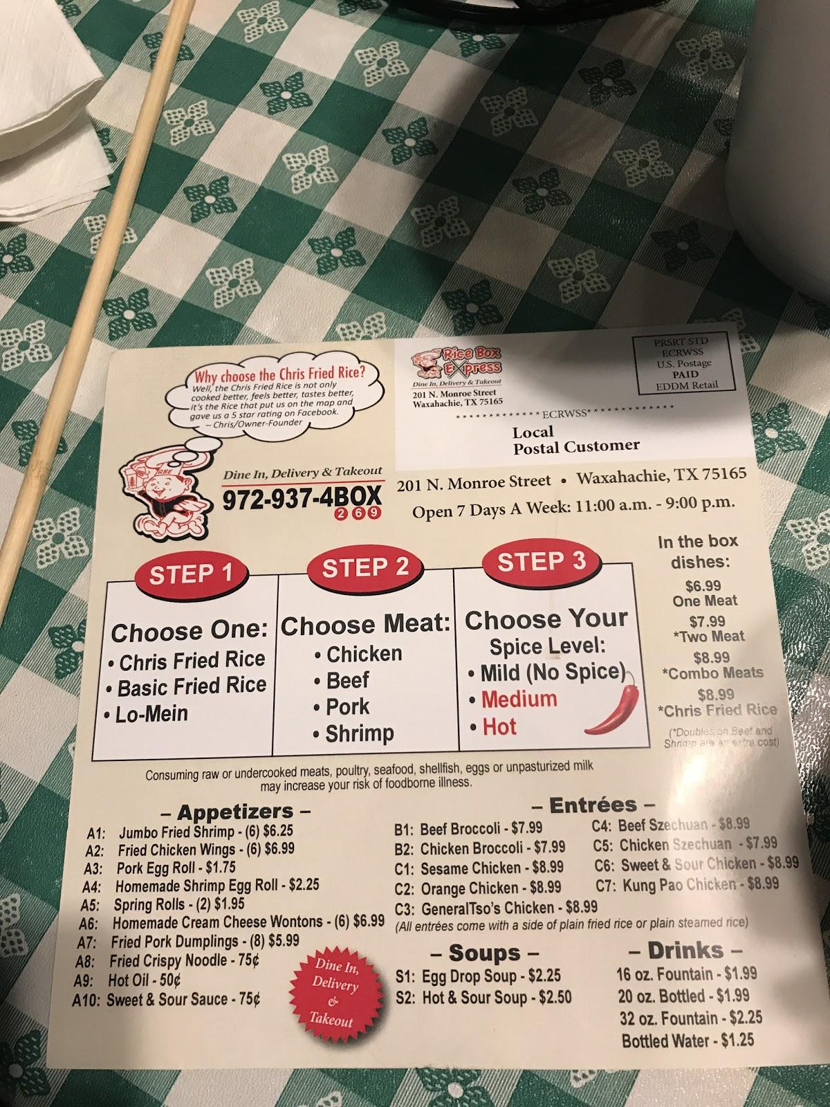 Menu at Rice House Express Waxahachie restaurant, Waxahachie, 508 N Hwy 77