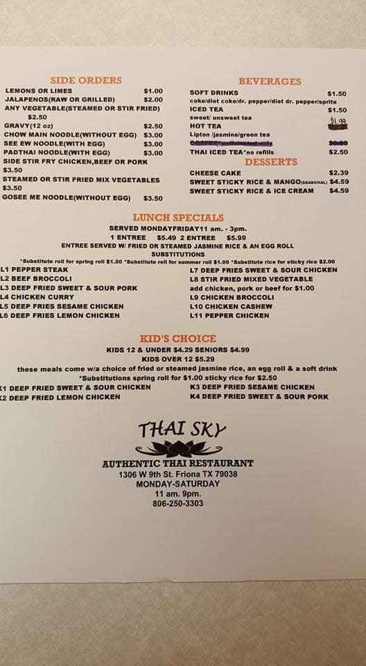 Menu at Thai Sky restaurant, Friona