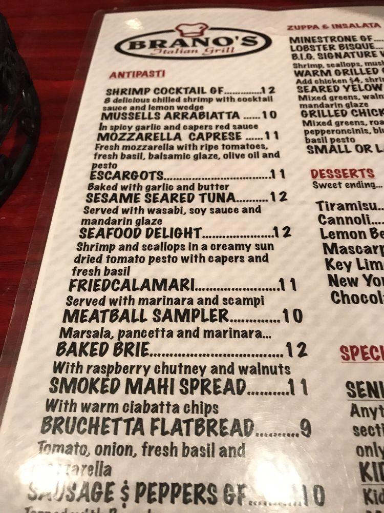 Menu at Branos Italian Grill pizzeria, Cocoa Beach