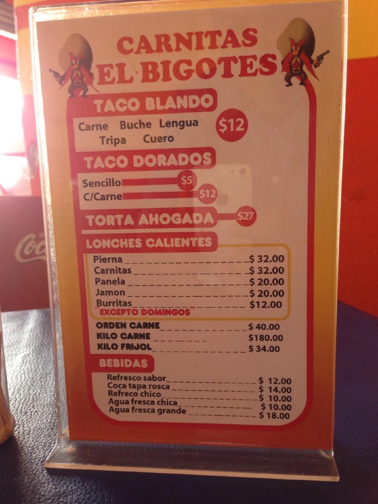 Carta del restaurante Carnitas El Bigotes, Guadalajara