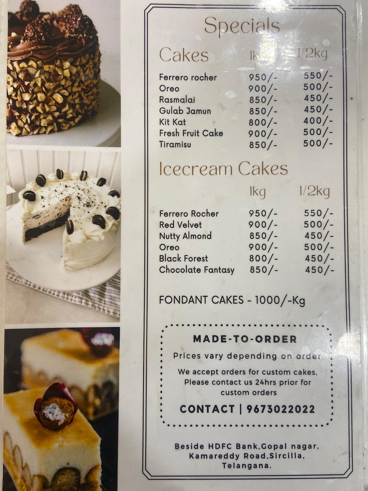 Menu at The Cake House, Sircilla