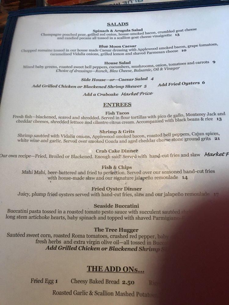 Menu at Blue Moon Beach Grill restaurant, Nags Head