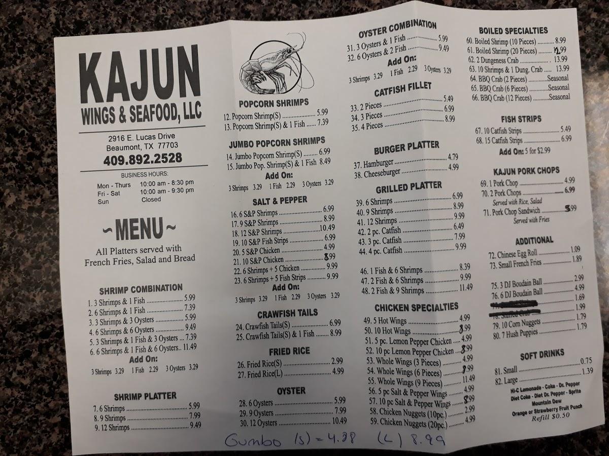 Menu at Kajun Seafood Wings Lucas restaurant Beaumont E Lucas Dr