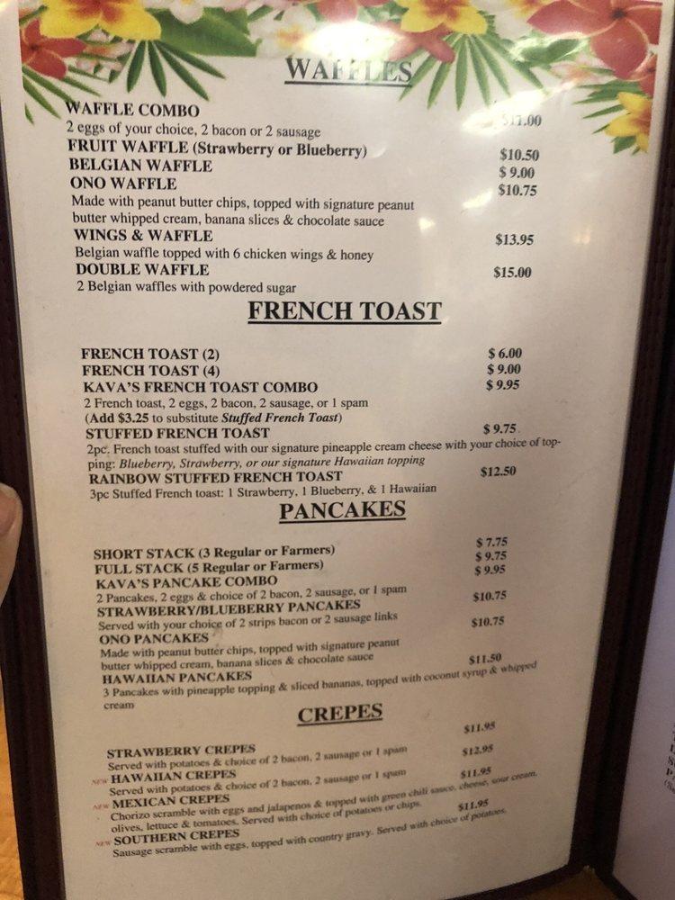 Menu at Kava's Pancake House restaurant, Anchorage, 100 Muldoon Rd