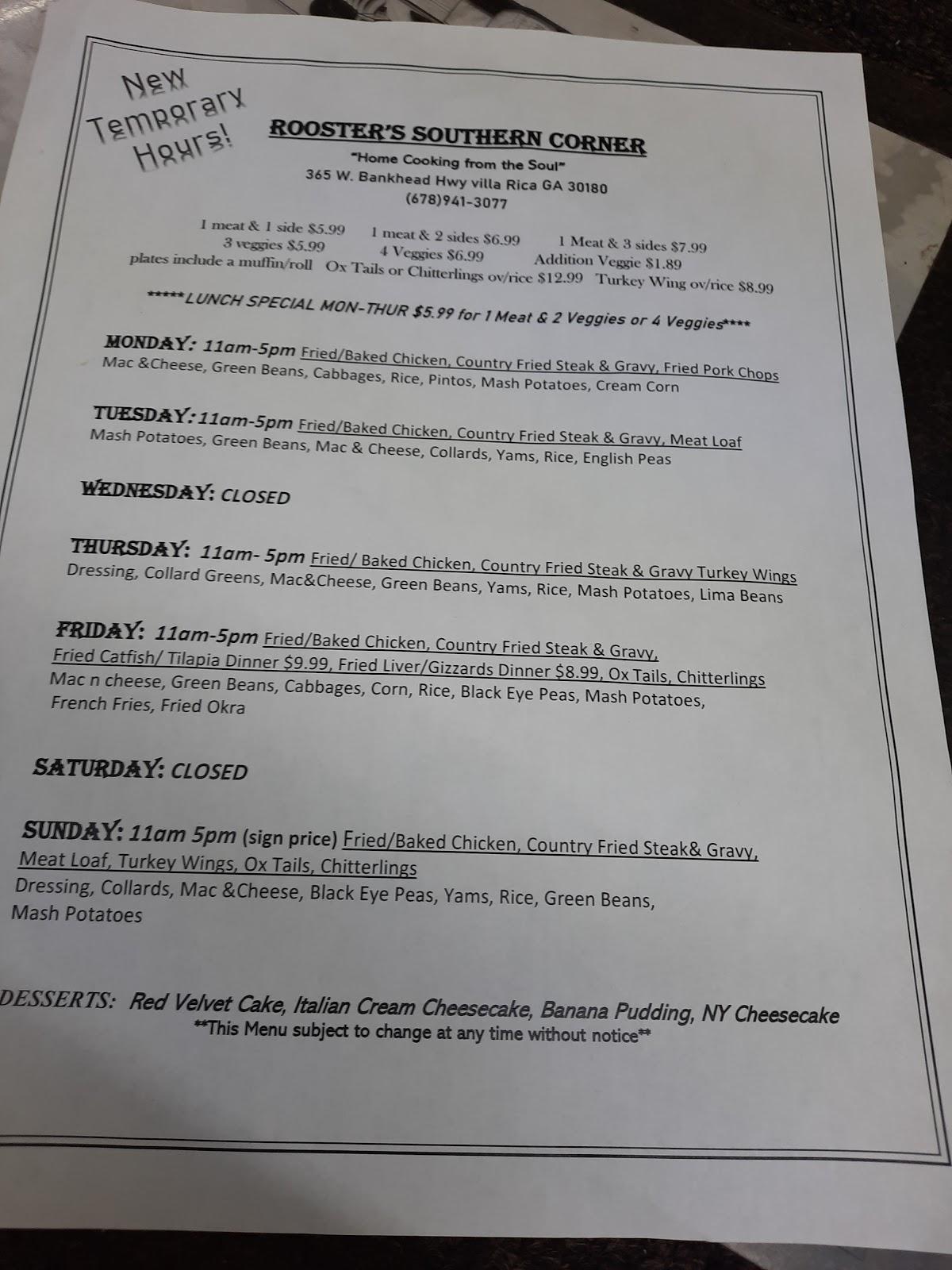 Menu at Rooster's Southern Corner restaurant, Villa Rica